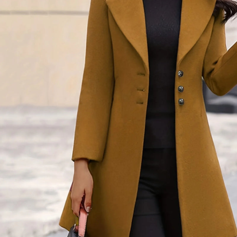 Solid Button Front Trench Coat, Elegant Lapel Neck Long Sleeve Warm Coat