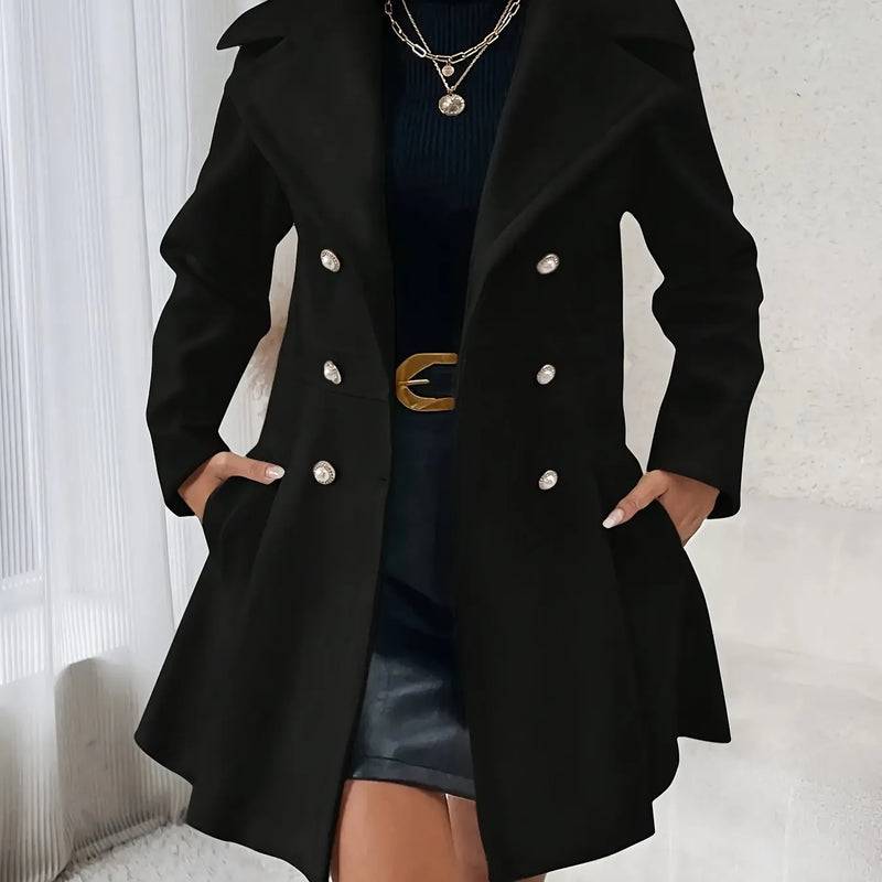 Solid Double Breasted Trench Coat, Casual Lapel Neck Long Sleeve Side Pockets Coat