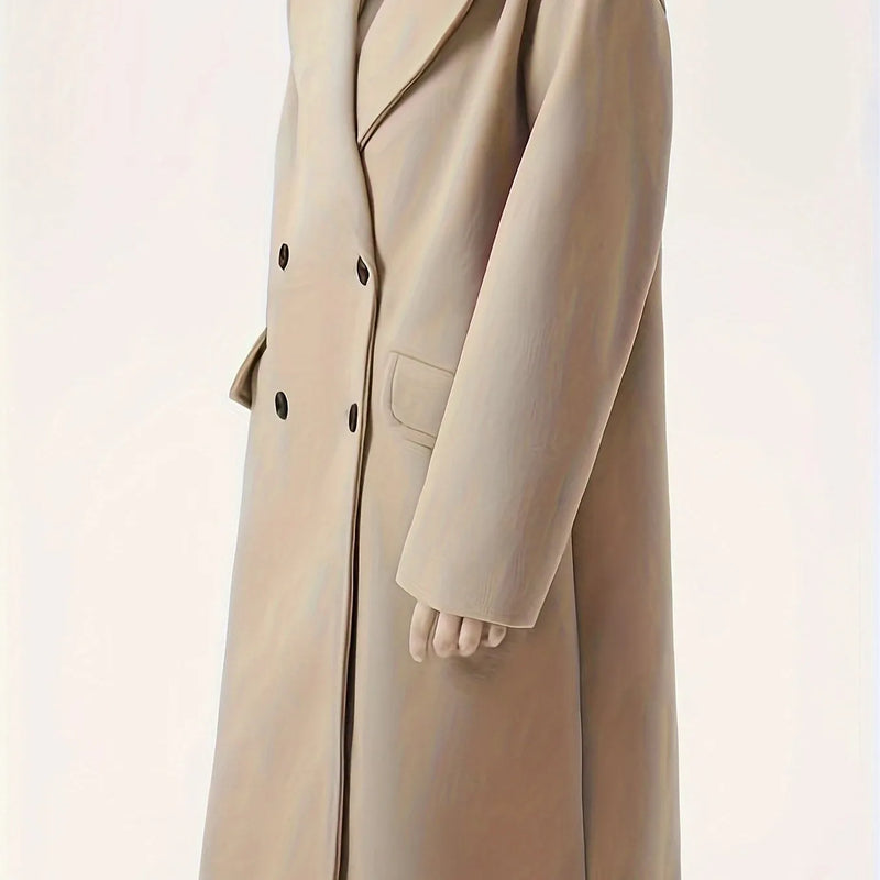 Double Breasted Solid Trench Coat, Casual Long Sleeve Trench Coat