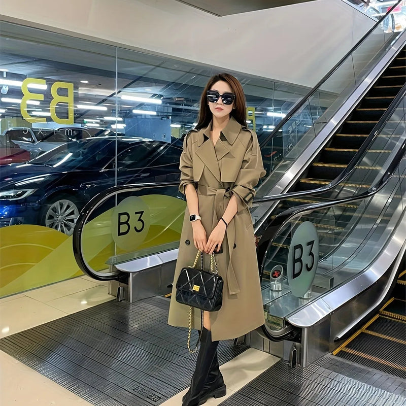 Solid Color Belted Double Breasted Trench Coat, Elegant Loose Pocket Lapel Neck Long Sleeve Coat