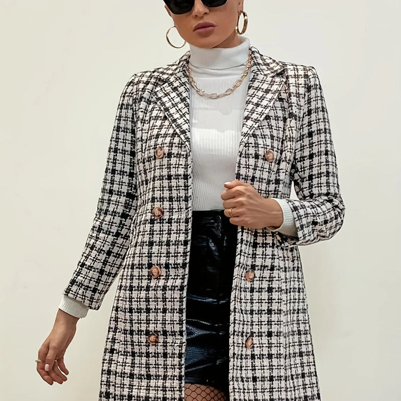 Double Breasted Plaid Trench Coat, Elegant Long Sleeve Lapel Outerwear