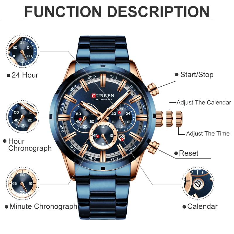 CURREN Men Watch Top Brand Luxury Sports Quartz Mens Watches Full Steel Waterproof Chronograph Wristwatch Men Relogio Masculino - Mike Armstrong