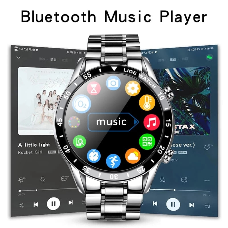 LIGE 2021 Full Circle Touch Screen Steel Band Luxury Bluetooth Call Men Smart Watch Waterproof Sport Activity Fitness Watch+Box - Mike Armstrong