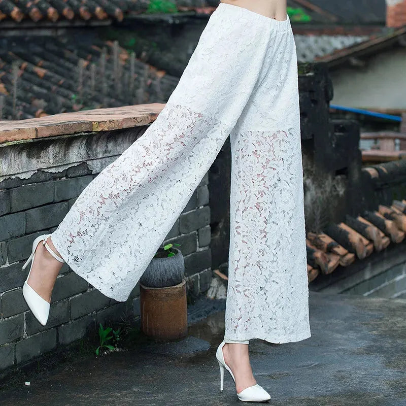 Fashion Women's Wide-leg Pants 2023 Spring Summer New High Waist Lace Cutout Casual Straight Pants White Black Women Trousers, Mike Armstrong