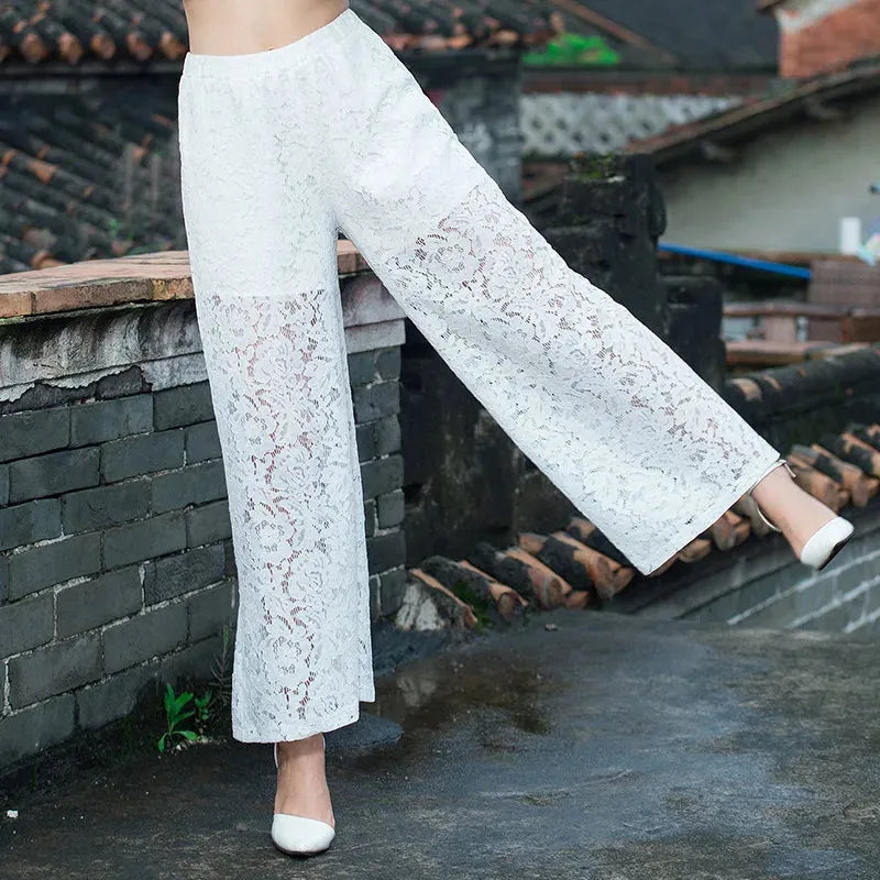 Fashion Women's Wide-leg Pants 2023 Spring Summer New High Waist Lace Cutout Casual Straight Pants White Black Women Trousers, Mike Armstrong