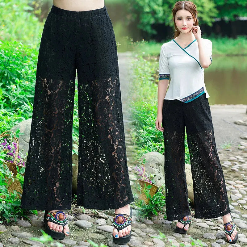 Fashion Women's Wide-leg Pants 2023 Spring Summer New High Waist Lace Cutout Casual Straight Pants White Black Women Trousers, Mike Armstrong