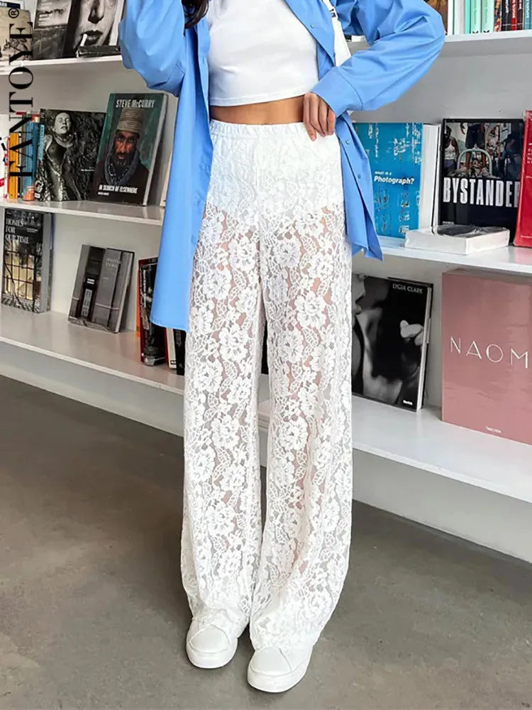 Fantoye Sexy See Through Lace Women Pant White Hollow Out High Waist Two Piece Sets Female Summer Casual Outside Streetwear 2023, Mike Armstrong