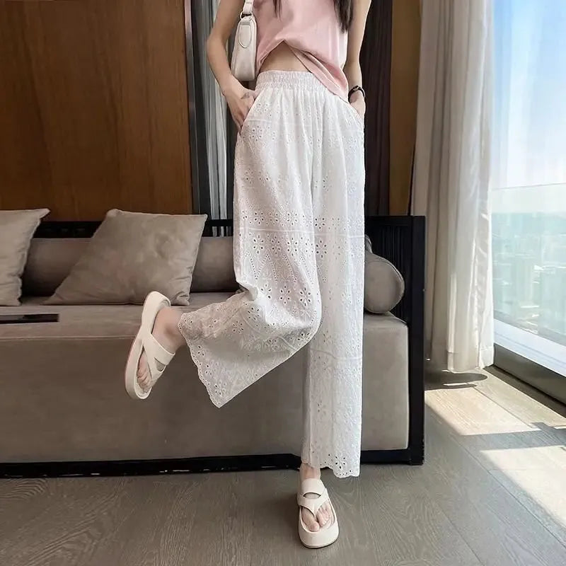 Women's Summer New Solid Color Hollow High Waist Elastic Long Fashion Versatile  Commuter Slimming Straight Leg Wide Leg Pants, Mike Armstrong