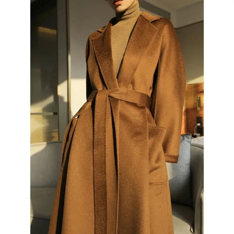 2023 New Reversible Cashmere Coat Women Long Below The Knee High-End Water Ripple Wool Coat Autumn Winter Loose Lace-up Outwear - Mike Armstrong