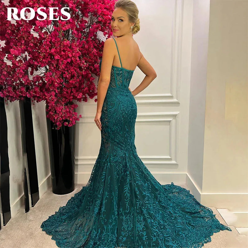 ROSES Mermaid Sexy Evening Gown Spaghetti Strap Elegant Prom Dress Mermaid Trumpet Lace Wedding Evening Dress robes de soirée