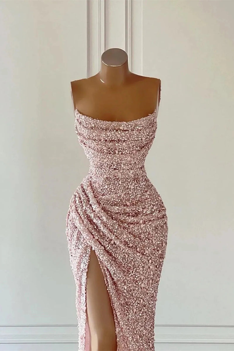 Sparkly Pink Sequined Evening Dresses Beaded Pleat Strapless Mermaid High Split Formal Party Prom Gowns Women Elegant Luxury