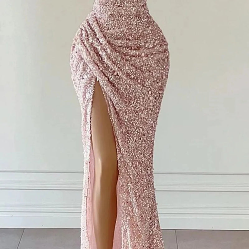 Sparkly Pink Sequined Evening Dresses Beaded Pleat Strapless Mermaid High Split Formal Party Prom Gowns Women Elegant Luxury