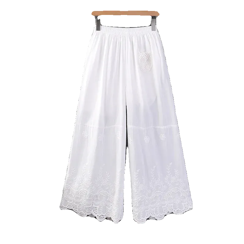 Spring Summer Light Thin Cotton Embroidered Pants Women Elastic Waist Tiny Hollow Pocket Wide Leg Pants Duobao0319-02, Mike Armstrong