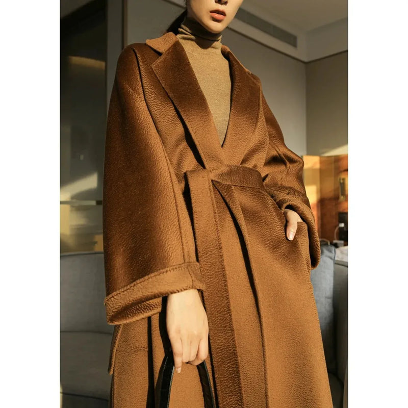 2023 New Reversible Cashmere Coat Women Long Below The Knee High-End Water Ripple Wool Coat Autumn Winter Loose Lace-up Outwear - Mike Armstrong