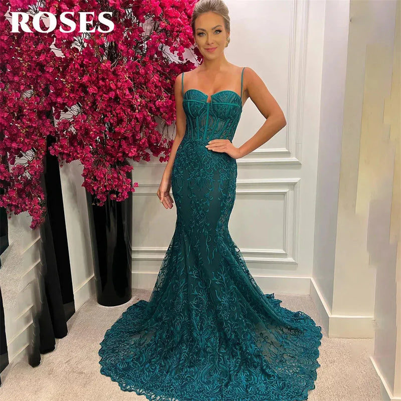 ROSES Mermaid Sexy Evening Gown Spaghetti Strap Elegant Prom Dress Mermaid Trumpet Lace Wedding Evening Dress robes de soirée