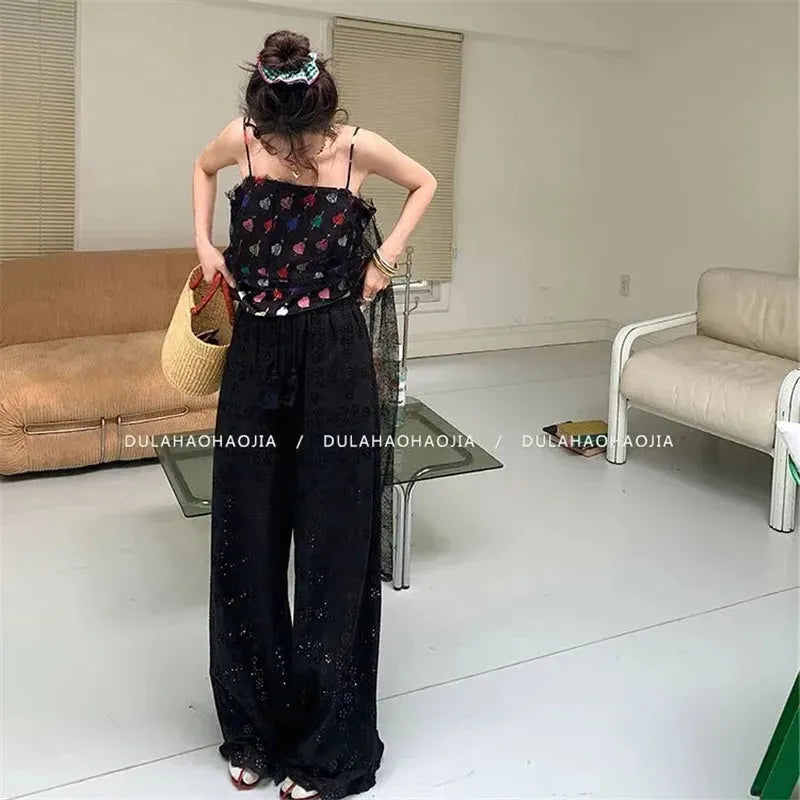 Lace Hollow-Out Casual Loose Wide Leg Trousers Female Large Size Summer High-Waist Slim Pants Korea Fashion Clothes For Women, Mike Armstrong