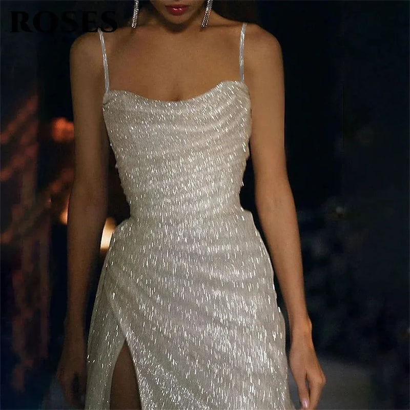 ROSES White Glitter Evening Dresses Spaghetti Strap Prom Dresses for Wedding Side Split Mermaid Sweep Train فستان حفلات الزفاف