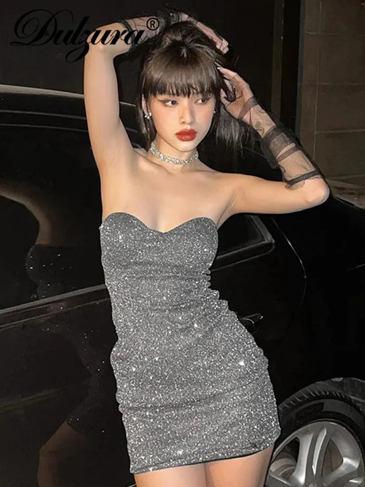 Dulzura Bling Glitter Sequins Sexy Y2K Clothes Sleeveless Backless Tube Ruched Bodycon Mini Dress For Women Club Birthday Party