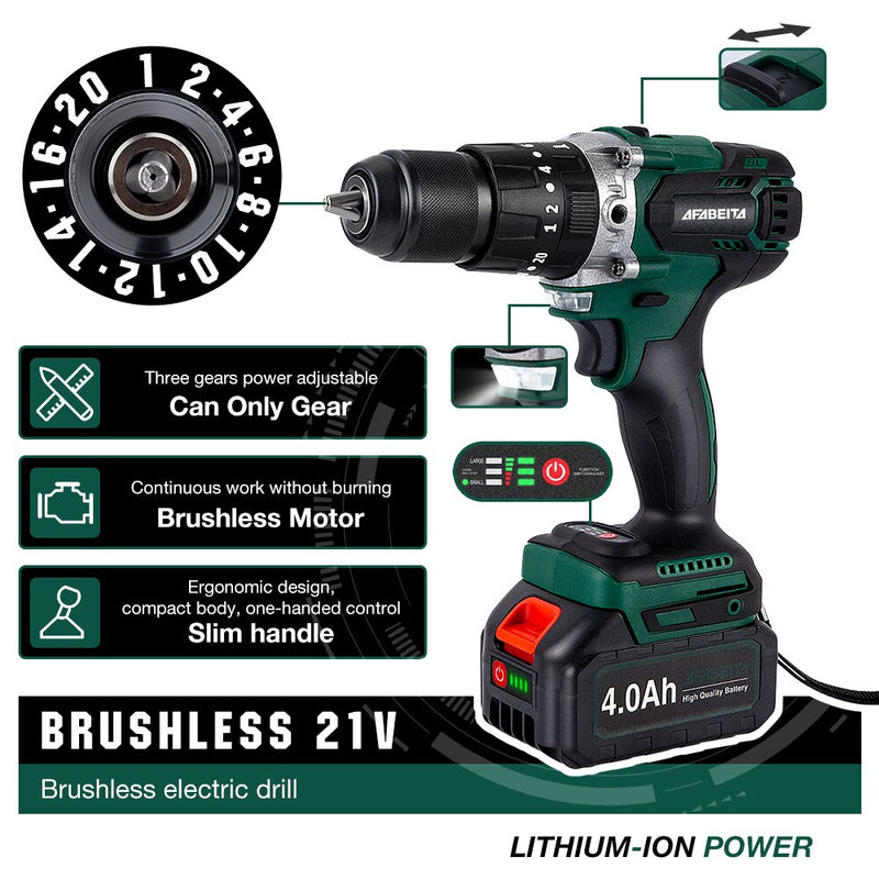 3 in 1 Brushless Motor Impact Drill 21V Cordless Screwdriver Power Tools With 3.0AH Lithium Battery