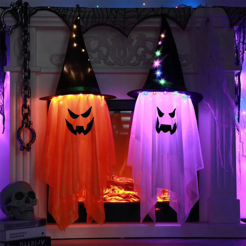 Halloween Decorations Flying Witch Hats Ghost Hanging LED Lights Bar Halloween Party Supplies Dress Up Glowing Wizard Ghost Lamp