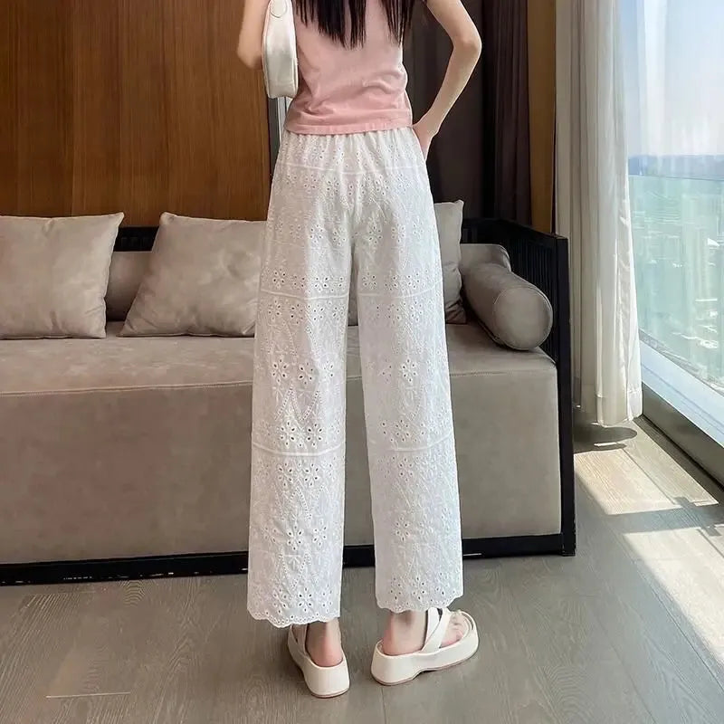 Women's Summer New Solid Color Hollow High Waist Elastic Long Fashion Versatile  Commuter Slimming Straight Leg Wide Leg Pants, Mike Armstrong