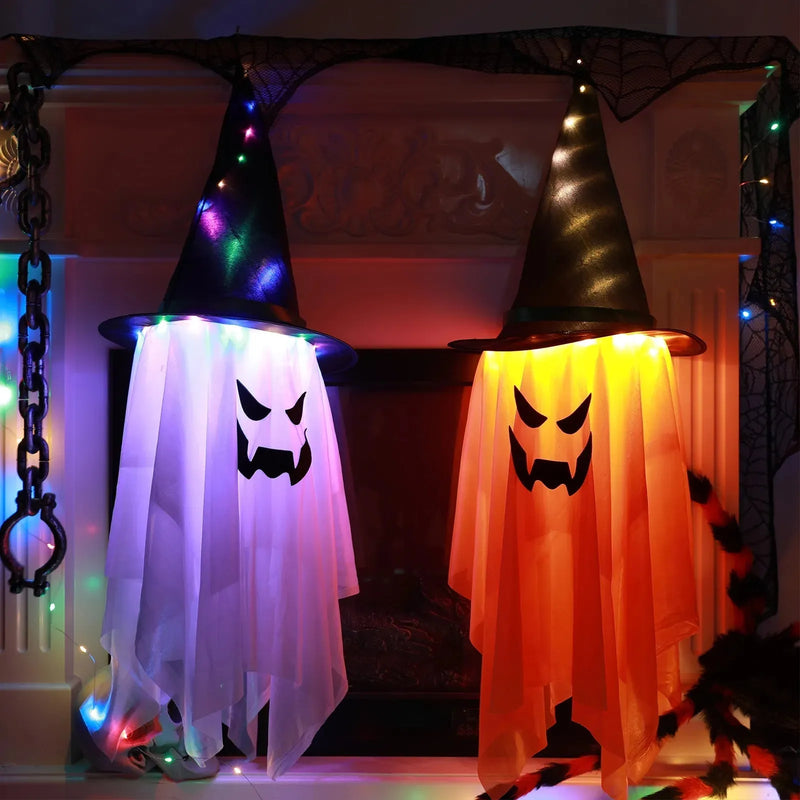 Halloween Decorations Flying Witch Hats Ghost Hanging LED Lights Bar Halloween Party Supplies Dress Up Glowing Wizard Ghost Lamp