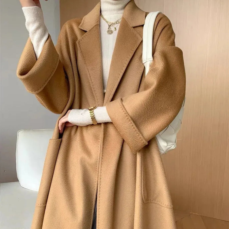 2023 New Reversible Cashmere Coat Women Long Below The Knee High-End Water Ripple Wool Coat Autumn Winter Loose Lace-up Outwear - Mike Armstrong