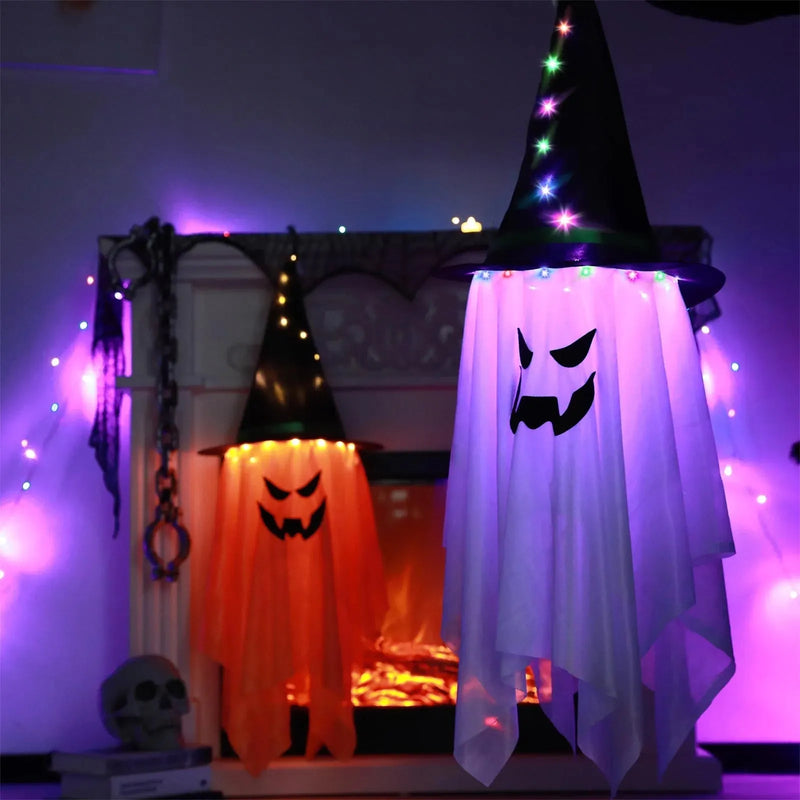 Halloween Decorations Flying Witch Hats Ghost Hanging LED Lights Bar Halloween Party Supplies Dress Up Glowing Wizard Ghost Lamp