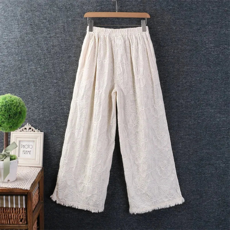 Spring Sweet Solid Embroidered Pants Women Elastic Waist Casual Wide Leg Pants Z6709, Mike Armstrong