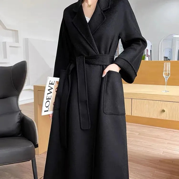 2023 New Reversible Cashmere Coat Women Long Below The Knee High-End Water Ripple Wool Coat Autumn Winter Loose Lace-up Outwear - Mike Armstrong