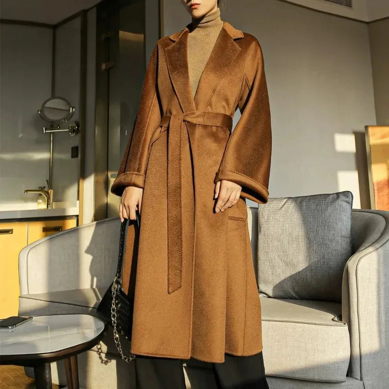 2023 New Reversible Cashmere Coat Women Long Below The Knee High-End Water Ripple Wool Coat Autumn Winter Loose Lace-up Outwear - Mike Armstrong