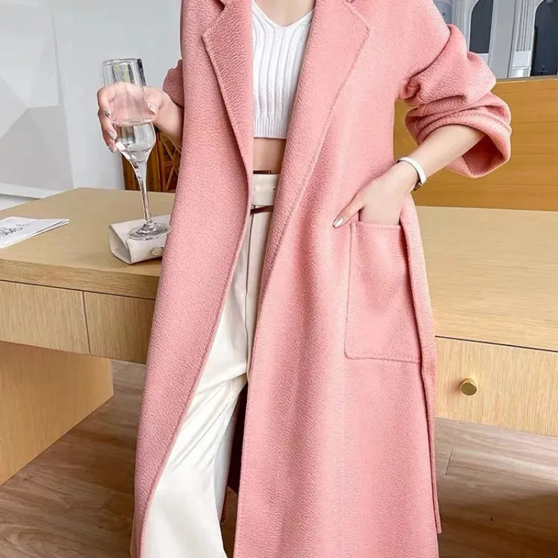 2023 New Reversible Cashmere Coat Women Long Below The Knee High-End Water Ripple Wool Coat Autumn Winter Loose Lace-up Outwear - Mike Armstrong