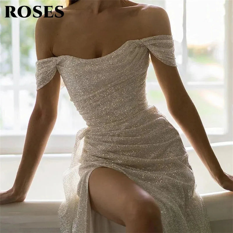 ROSES Off Shoulder Ivory Prom Dress Sequin Shiny Party Dress Sheath Celebrity Gowns Popular Wedding Party Dress вечерние платья