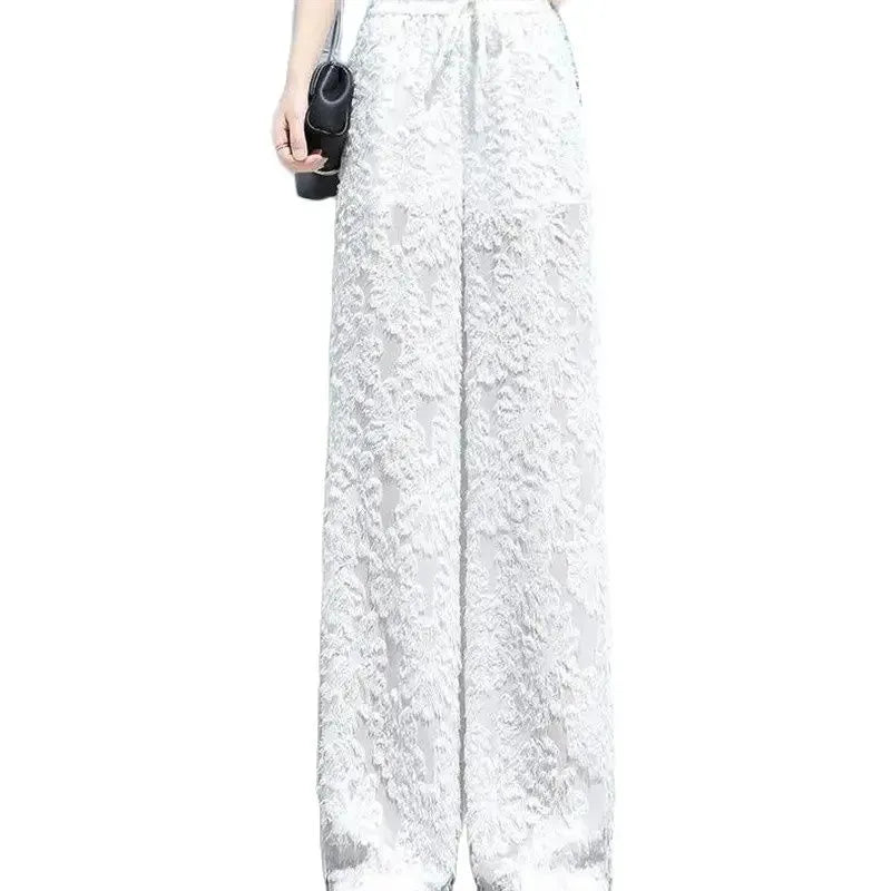 2023 New White Ice Silk Snowflake Mao Mao Wide-Leg Pants Women's Summer New High Waist Loose Drape Chiffon Mopping Casual Pants, Mike Armstrong