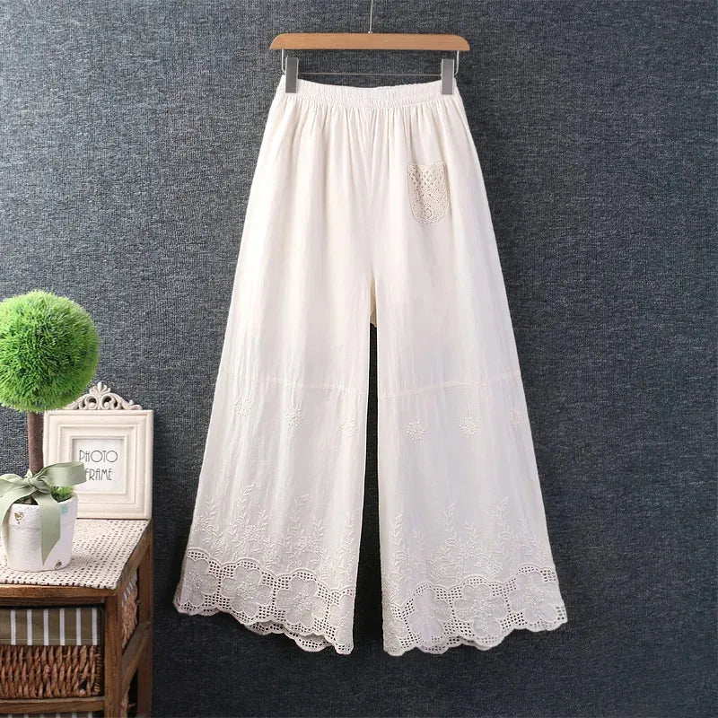 Spring Summer Light Thin Cotton Embroidered Pants Women Elastic Waist Tiny Hollow Pocket Wide Leg Pants Duobao0319-02, Mike Armstrong