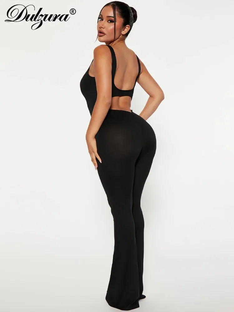 Dulzura 2023 Women Solid Ruched Backless Cut Out Tank Unitard Jumpsuit Hollow Out Flared Pants Sexy Y2K Sleeveless Outfits