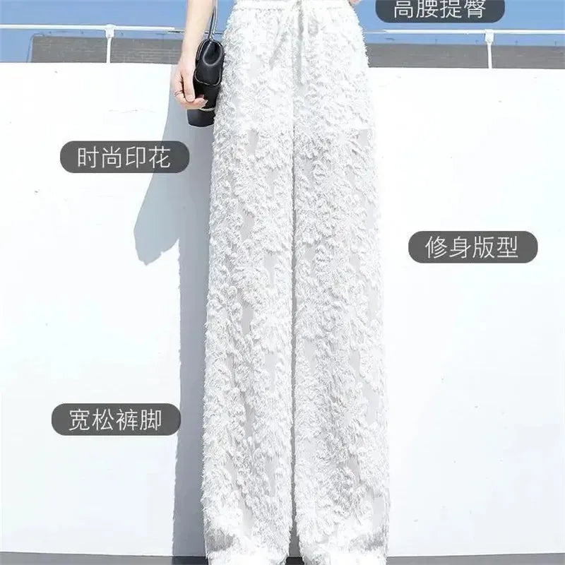 2023 New White Ice Silk Snowflake Mao Mao Wide-Leg Pants Women's Summer New High Waist Loose Drape Chiffon Mopping Casual Pants, Mike Armstrong