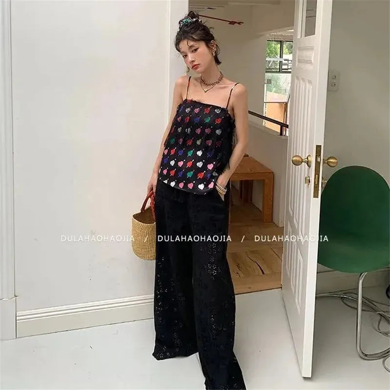 Lace Hollow-Out Casual Loose Wide Leg Trousers Female Large Size Summer High-Waist Slim Pants Korea Fashion Clothes For Women, Mike Armstrong