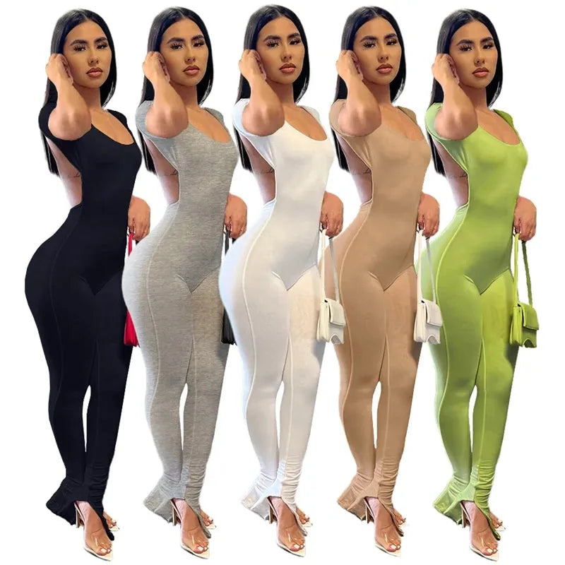 Solid Bodycon Backless Jumpsuit Sexy Summer Rompers Womens Jumpsuit Long Pants Workout Overalls Party Club One Piece Outfit