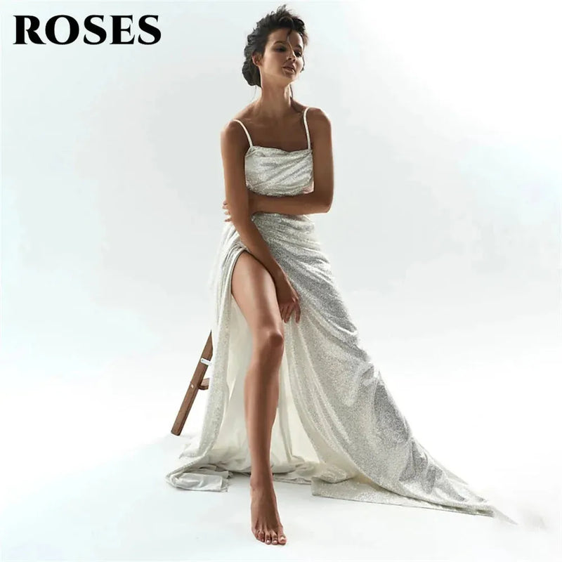 ROSES White Glitter Evening Dresses Spaghetti Strap Prom Dresses for Wedding Side Split Mermaid Sweep Train فستان حفلات الزفاف