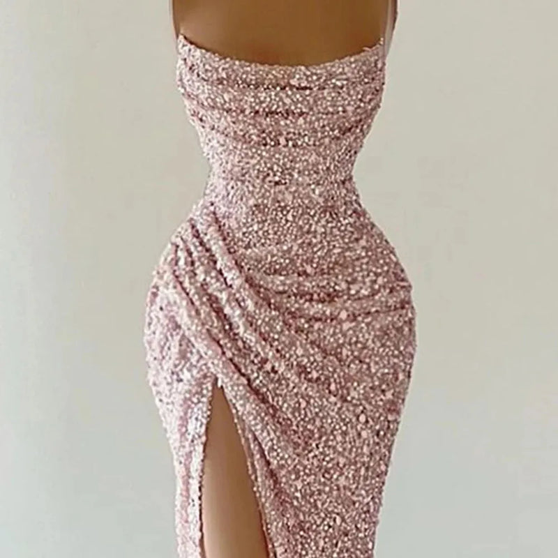 Sparkly Pink Sequined Evening Dresses Beaded Pleat Strapless Mermaid High Split Formal Party Prom Gowns Women Elegant Luxury