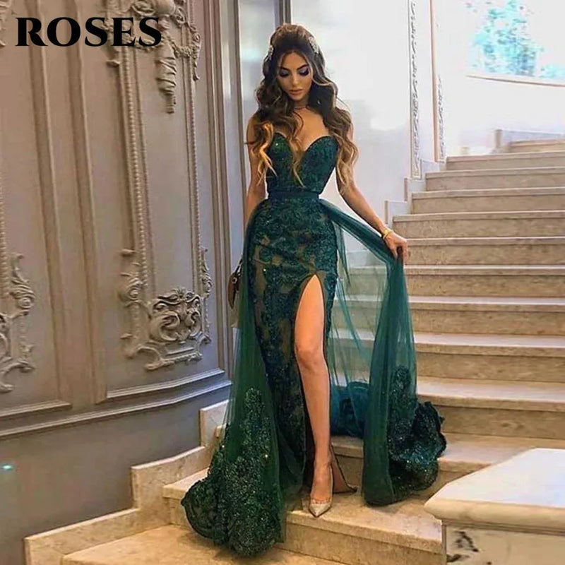 ROSES Sexy Side Split Maxi Prom Dresses Lace Embroidery Mermaid Robes De Soirée فساتين السهرة Prom Dresses 2022 Luxury Gowns