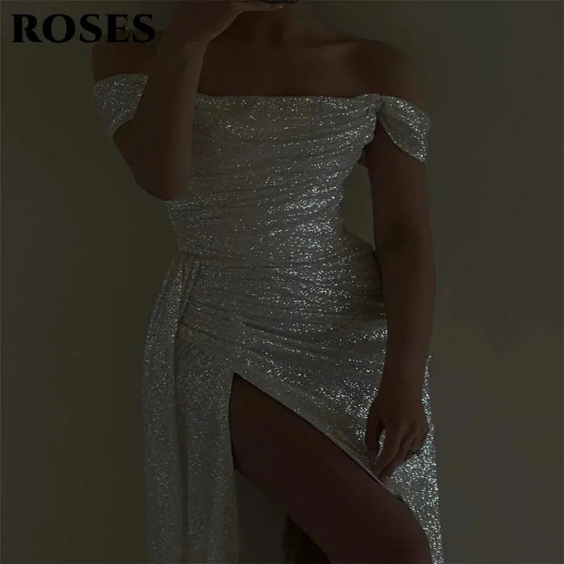 ROSES Off Shoulder Ivory Prom Dress Sequin Shiny Party Dress Sheath Celebrity Gowns Popular Wedding Party Dress вечерние платья