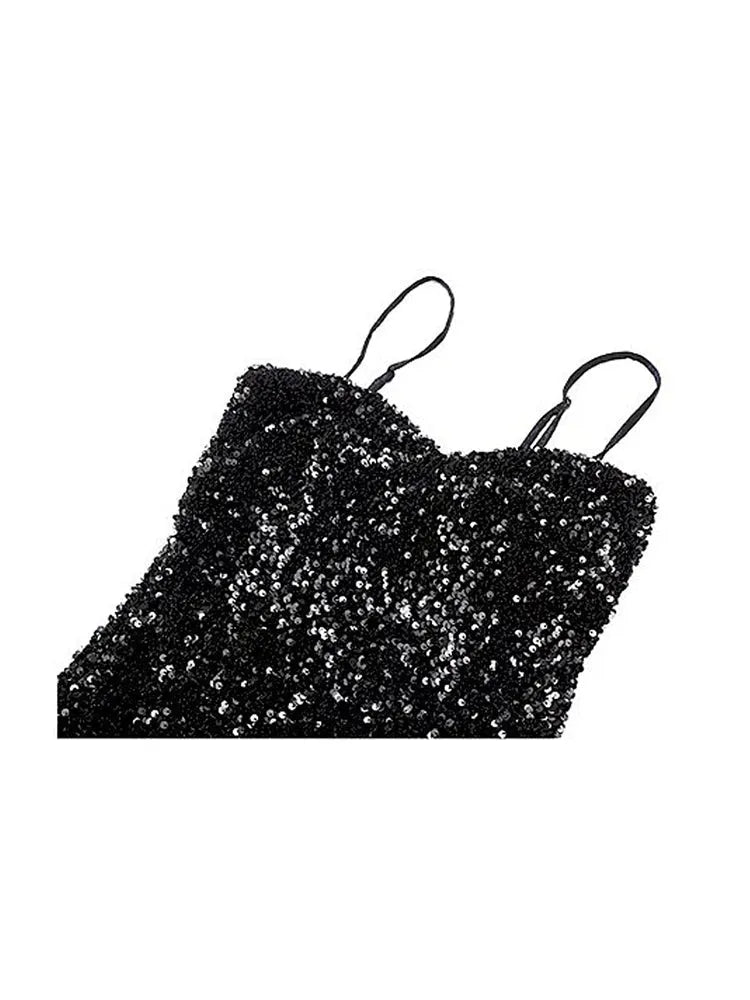 2023 New Design Aesthetic Sexy Halter Sequins Black Dress Evening Woman Party Romantic Loose Sleeveless Stylish Mini Skirt Solid