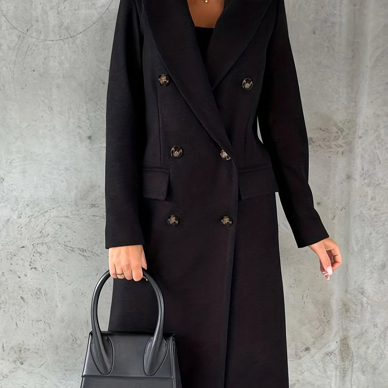 Double Breasted Lapel Trench Coat, Elegant Solid Long Sleeve Outerwear