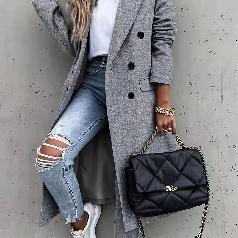 Double Breasted Simple Trench Coat, Casual Long Sleeve Outerwear