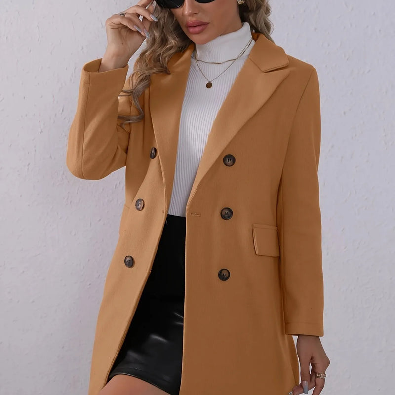 Double Breasted Lapel Trench Coat, Elegant Solid Long Sleeve Outerwear